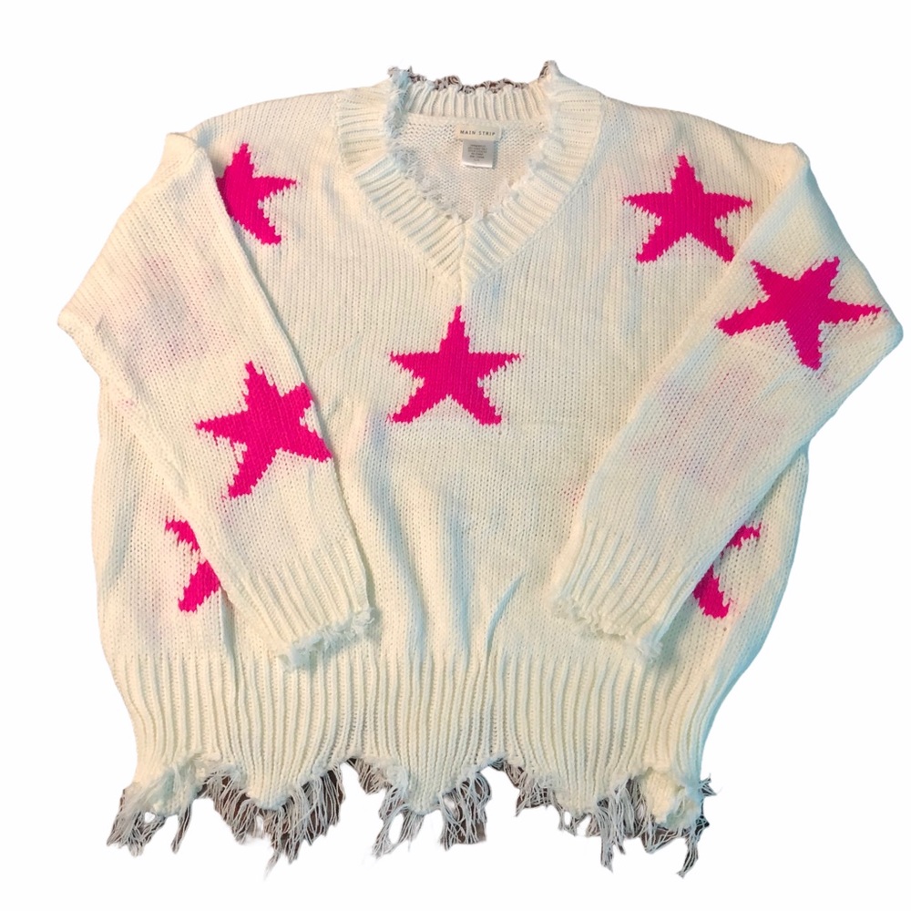 MAIN STRIP-WOMENS FUN WHITE WITH PINK STAR SWEATER
